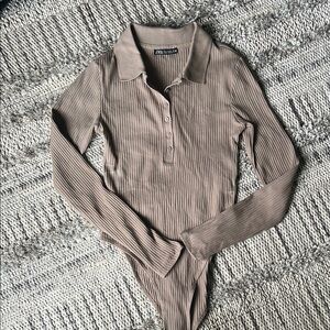 Zara Tan Ribbed Polo Bodysuit